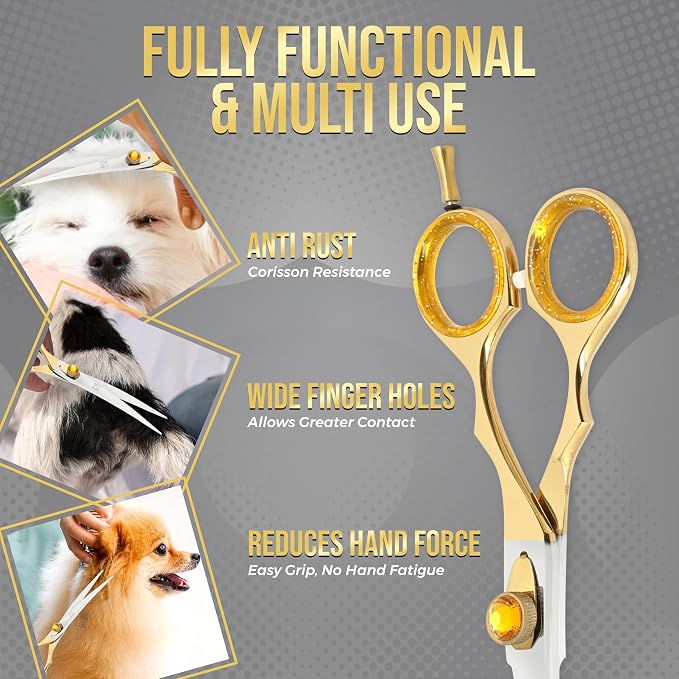 ZAVRIX Professional Dog Grooming Scissors – 7.5” Curved Thinning Shears with 34 Teeth, Pet Chunkers for Dogs & Cats, Premium 440C Stainless Steel Grooming Tools (Golden Polish Curved Scissor)
