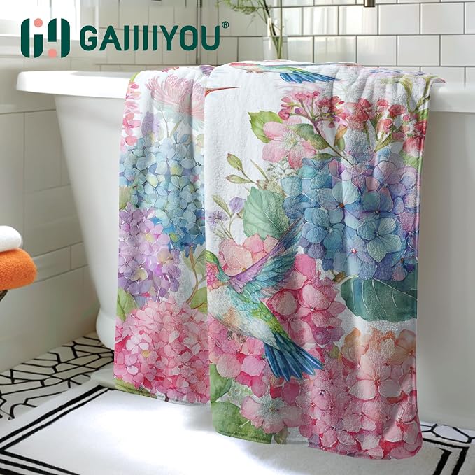 Microfiber Coral Fleece Bath Towel Hummingbird Hydrangea Floral Towels for Bathroom Shower