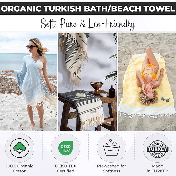 DEMMEX Organic Turkish Cotton Ultra Soft Bath and Beach Towel - Luxury Oversized Peshtemal for Bathroom and Beach - Lightweight, Quick-Drying, Sand Free - Prewashed, Diamond Weave, 71x36'' (Purple)