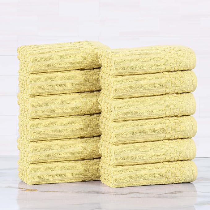 Superior Cotton Face Towel/Washcloth Set of 12, Daily Use for Bathroom, Guest Bath, Quick Dry Small Towels, Face, Hand, Gym, Spa, Hotel, Absorbent, Essentials, Ribbed, Soho Collection, Golden Mist