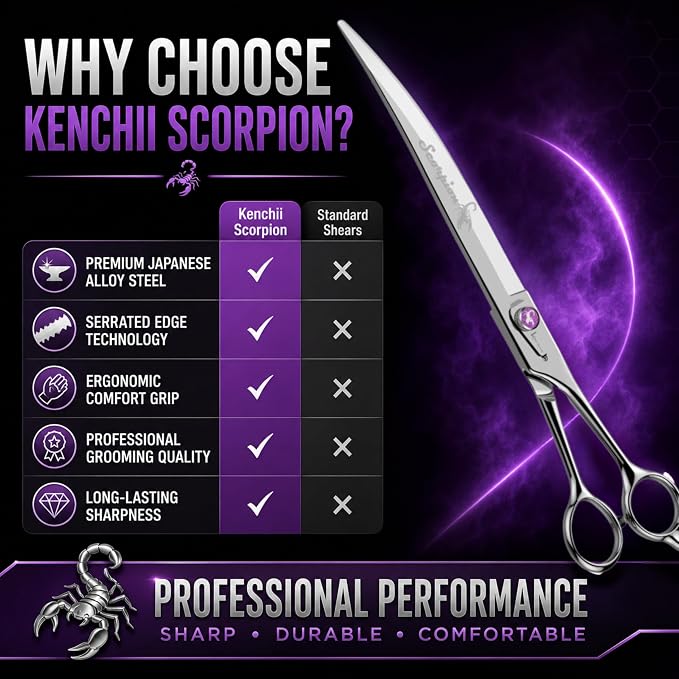Kenchii Scorpion Dog Grooming Scissors, 9 Inch Curved Shears, Dog Scissors for Grooming, Professional Pet Grooming Scissors, Heavy Duty, Durable and Sharp