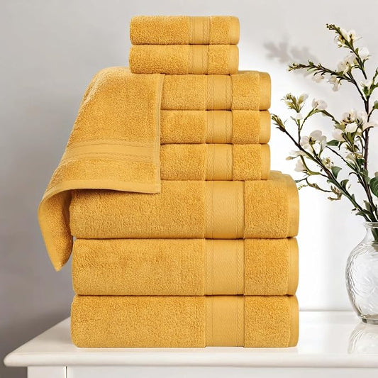 Superior Belmont Zero Twist Cotton Medium Weight Towels, for Guest Bath, Bathroom, Shower, Spa, Plush, Quick Dry, Ultra-Soft Towels, Bath Essentials, Thick Border, 9 Piece Assorted Towel Set, Gold