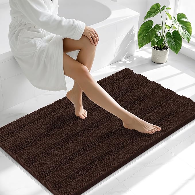 Smiry Thick Chenille Large Bathroom Rugs 45x27, Extra Soft Absorbent Striped Bath Mat, Machine Washable, Rubber Backing, Bath Rugs for Bathroom, Tub & Shower, Home Decor Accessories, Brown