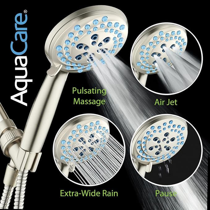 AquaCare Seen-On-TV High Pressure 8-mode Handheld Shower Head - 2-mode Power Wash to Clean Tub, Tile & Pets, Stay-Clean Nozzles, Extra Long 6 ft. Stainless Steel Hose, Wall & Overhead Brackets, Nickel