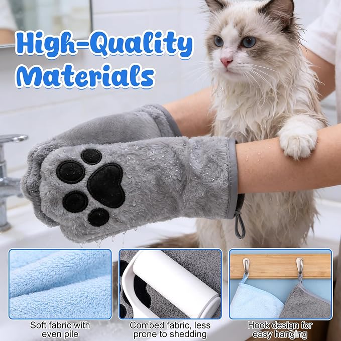 Paw Bathing Towel for Cats Puppy, Reusable Absorbent Quick-Dry Pet Grooming Towel, Soft Bath Mitt for Dirt Odor Removal, Daily Care and Travel, for Dogs & Cats (Blue)