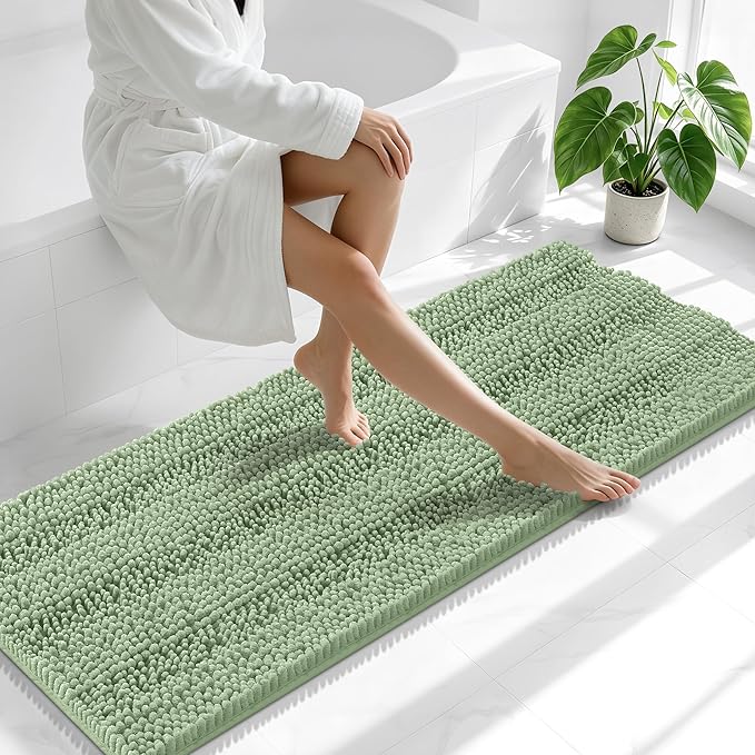 Smiry Thick Chenille Bathroom Runner Rugs 59x20, Absorbent Striped Bath Mat, Machine Washable, Rubber Backing, Extra Long Bath Rugs for Tub & Shower, Modern Home Decor Accessories, Sage Green