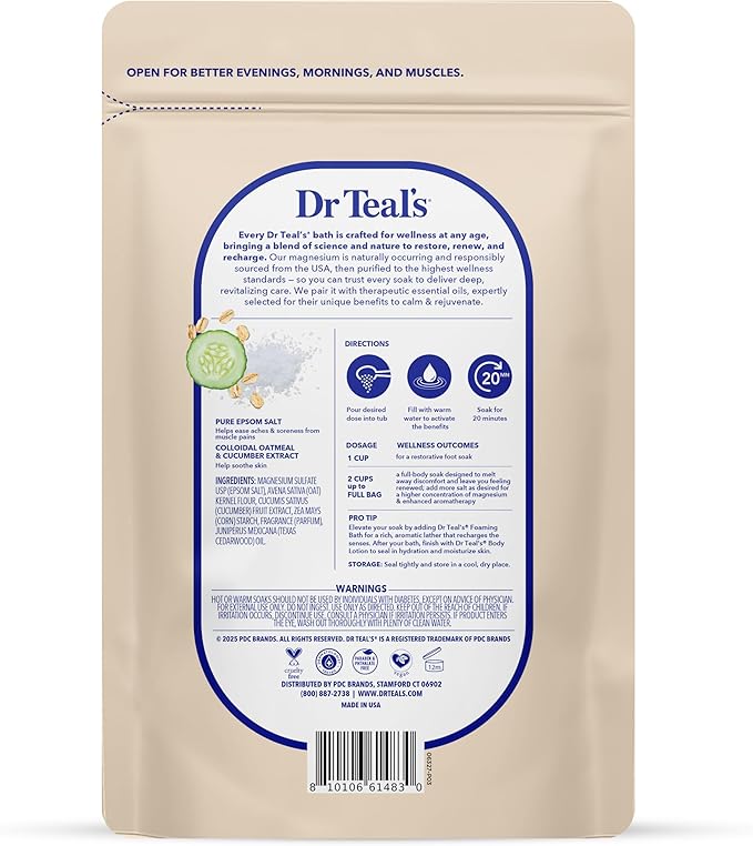 Dr Teal's Epsom Salt Magnesium Soak, Sensitive Skin with Colloidal Oatmeal & Cucumber Extract, 3 lbs