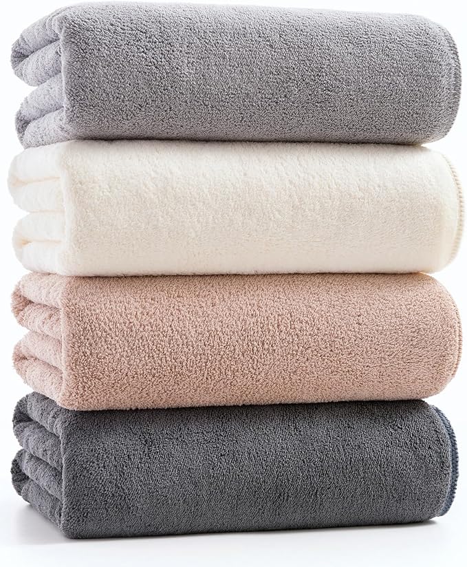sakano Quick-Drying Microfiber Towel Set - 4-Piece Mixed Color Bath Towel Set, Highly Absorbent, Lint Free Design for Bath, Beach, and Gym - Light Gray+White+Khaki+Dark Gray, 28 x 55 inches