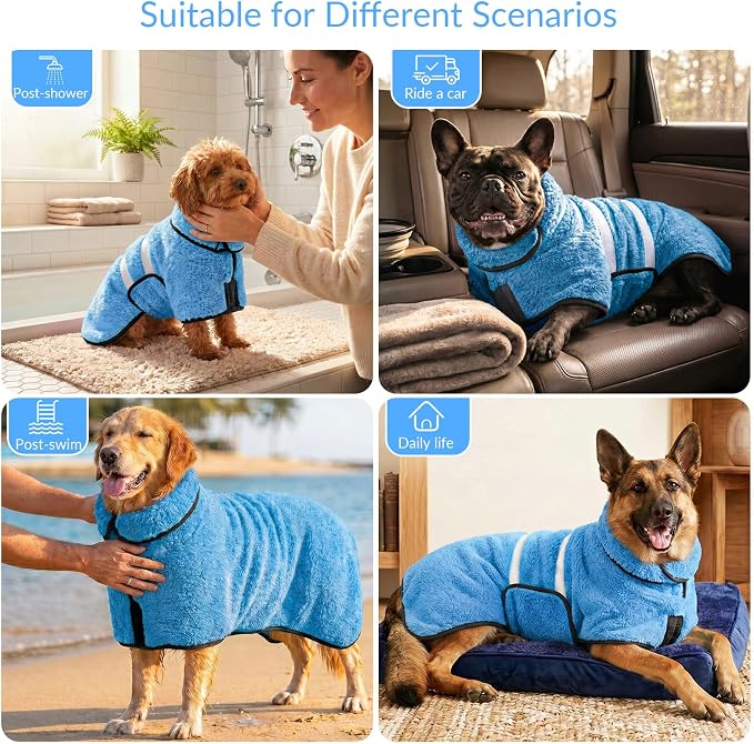 Bienbee Dog Bathrobe, Quick Drying Super Absorbent Pet Robes for Small Medium Large Dogs, Drying Coat for After Bath & Swim, Warm & Cozy Dogs Towels, Dog Puppy Bath Supplies, Light Blue S