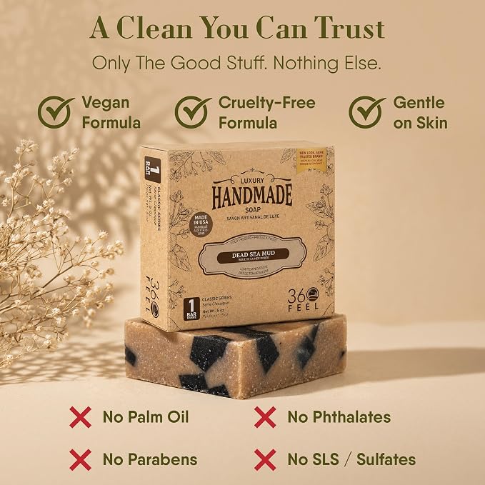 360Feel Dead Sea Mud Soap - Made in the USA - Castile Handmade, All Natural, Cold Processed - Infused with Dead Sea Mud to Soothe and Calm the Skin - Rich, Creamy Lather (5 oz)