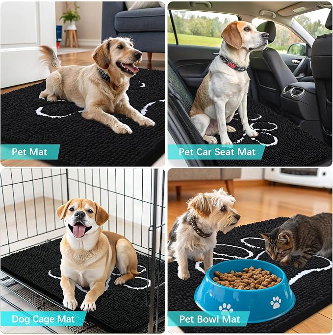 OLANLY Dog Door Mat for Muddy Paws 34x21, Paw Print Design, Absorbs Moisture and Dirt, Absorbent Non-Slip Washable Doormat, Quick Dry Chenille Mud Mat for Dogs, Entry Indoor Entryway Carpet, Black