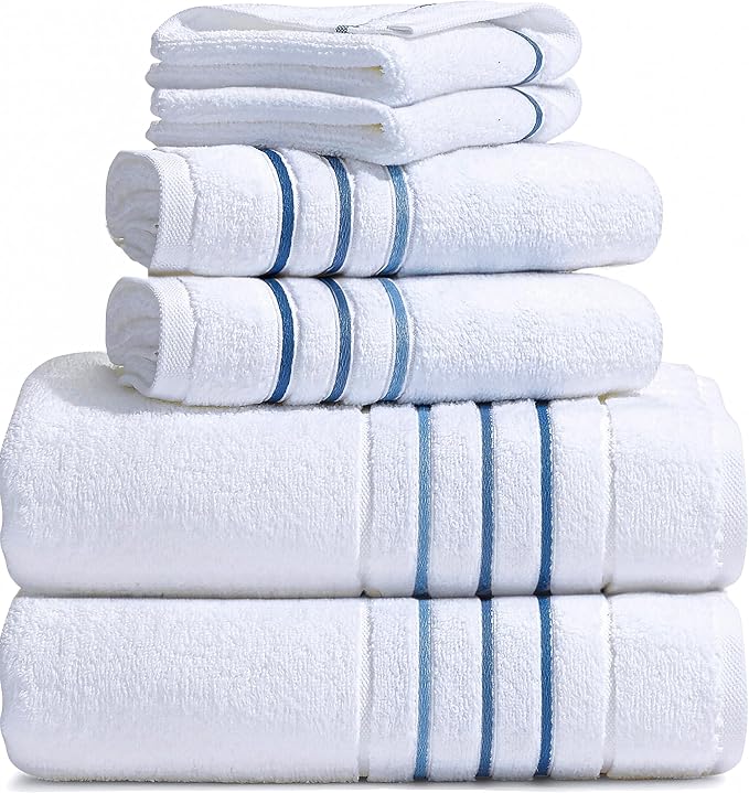 Bath Towels Set for Bathroom – Luxury 6-Piece Cotton Towels, Soft Absorbent & Quick Dry, 600 GSM Bath Towels for Bathroom, Hotel Spa Quality (2 Bath, 2 Hand, 2 Washcloths, White Blue Azure Stripe)