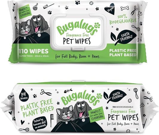 BUGALUGS Dog Wipes, 100% Plastic Free Biodegradable pet Wipes for Full Body, Eye Wipes, Ear Wipes, Bum & Paws. 110 Sensitive Dog Grooming Wipes for Dogs, Puppy & cat Grooming (Fragrance Free)