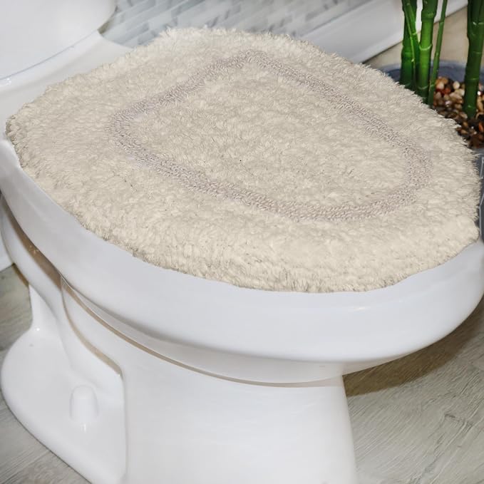 Home Weavers Allure Collection 100% Cotton Toilet Lid Cover, Soft & Absorbent Toilet Seat Cover, Elastic Fit, Machine Washable Bathroom Toilet Lid Topper, 18"x18" Ivory