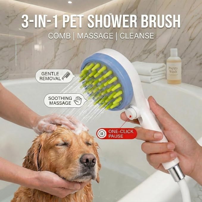 Dog Shower Sprayer Kit with Deodorizing Shower Steamers, Universal Pet Bathing Tool for Indoor & Outdoor Use with Silicone Massage Brush, 8.2ft Extra-Long Hose, Brass Diverter & Lick Mat