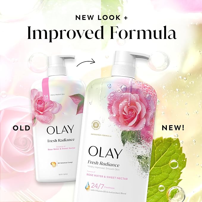 Olay Body Wash for Women, Fresh Radiance, 24/7 Skin-Loving Freshness, Visibly Radiant, Plant Based Cleansers, Vitamin B3 & Antioxidant Blend, All Skin Types, Rose Water & Sweet Nectar Scent, 29 fl oz