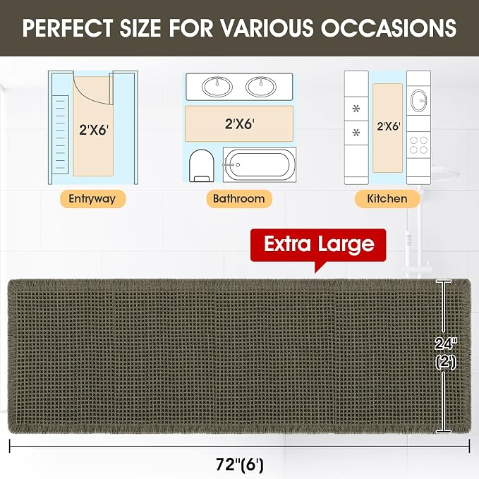 Extra Large Waffle Bath Mat, 6'x2' Greyish Green, Super Absorbent Non-Slip Quick Dry Bathroom Rugs with Tassels, Machine Washable Ultra Soft Boho Bath Rugs for Floor, Toilet Mats Boho Farmhouse Decor