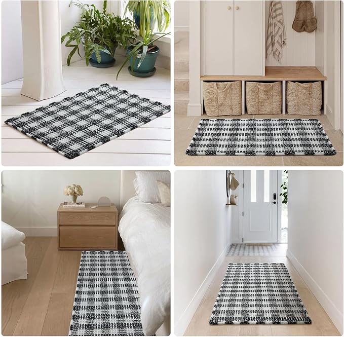 TYUU Waffle Bath Mat, Boho Bathroom Rugs Non Slip Washable Absorbent Checkered Bathroom Mat Quick Dry Farmhouse Bathroom Decor, 36"x24" Black and White