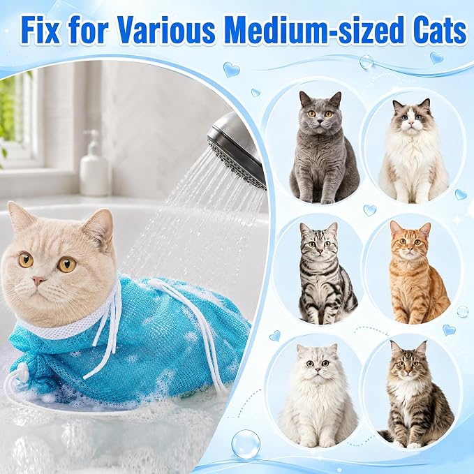 Cat Bathing Bag, Catcan Breathable Cats Grooming Bag, Anti Scratch Adjustable Cat Shower Washing Bags with Mesh for Nail Trimming (White- Blue)