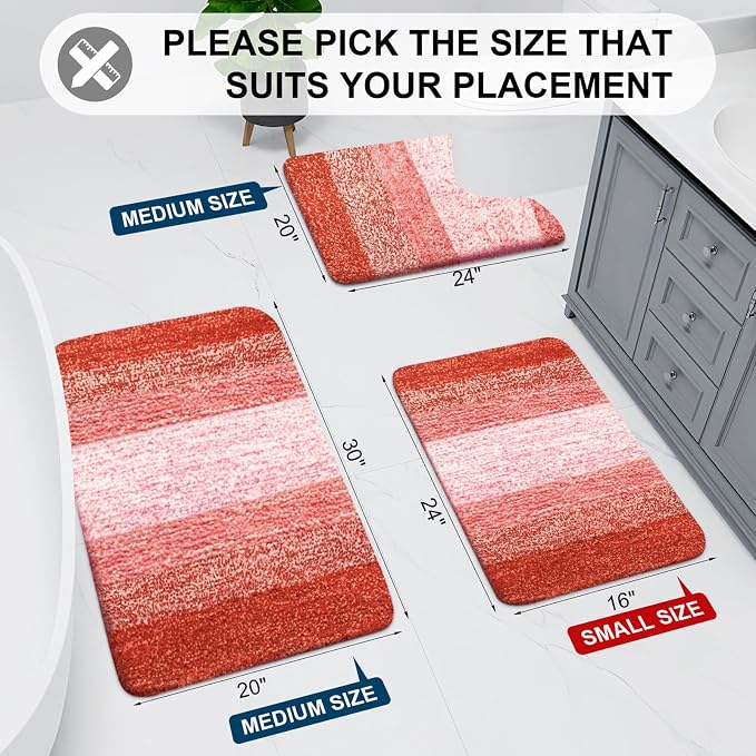 Arotive Microfiber Bathroom Rugs, Shaggy Soft and Absorbent Contour Toilet Rugs, Thick Plush Machine Washable Dry Bath Mats for Toilet Base, 24x16, Coral, Rectangular