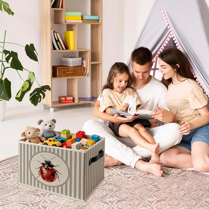 Kids Nursery Ladybug Foldable Storage Bins Box with Handles, Neutral Striped Ladybug Insect Collapsible Organizer Basket for Kids Bedroom Bathroom Playroom Clothes Books
