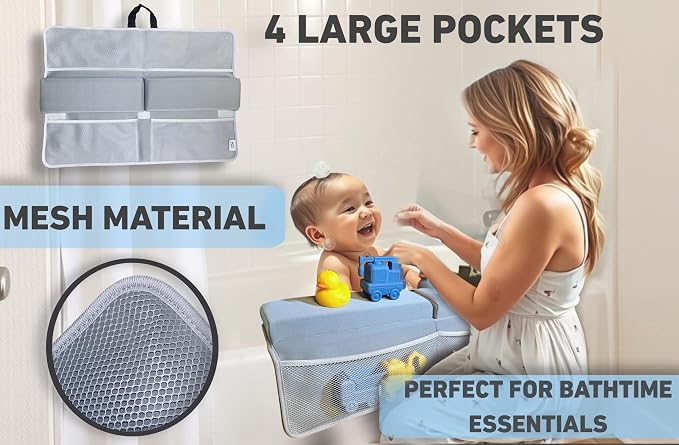 NEW Luxury Bath Kneeling Pad and Elbow Rest Set - THICK SOFT Bath Kneeler Pad and Bath Toys Organizer with Pockets - Supports Knees and Elbows - Bath Kneeling Pad for Baby Bathtime - Light Grey