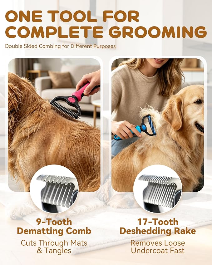 Tool, 2-In-1 Double-Sided Grooming Tool, Pet Shedding Remover Rounded-Tooth Comb For Painlessly Removing Knots And Loose Hair (Blue-Small)