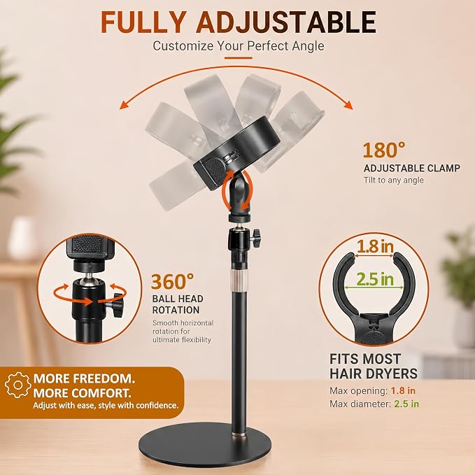 Hair Dryer Stand Holder, Hands-Free Adjustable Countertop Stand, Stable Round Base, 360° Rotating Ball Joint, Fits Most Hair Dryers, Black