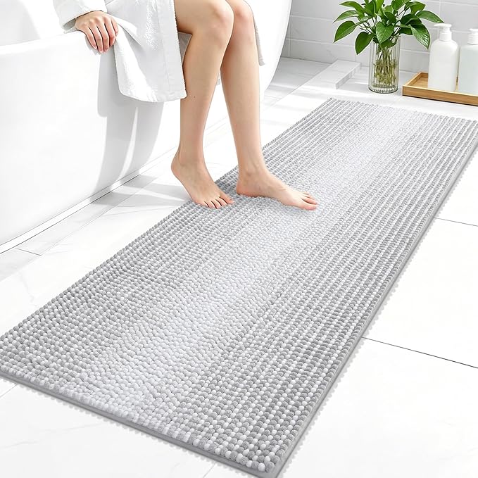 OLANLY Bathroom Runner Rugs 47x20, Extra Soft Absorbent Chenille Striped Bath Rugs, Rubber Backing, Machine Wash Dry, Long Bath Mats for Bathroom, Tub, Shower, Home Decor Accessories, Light Grey