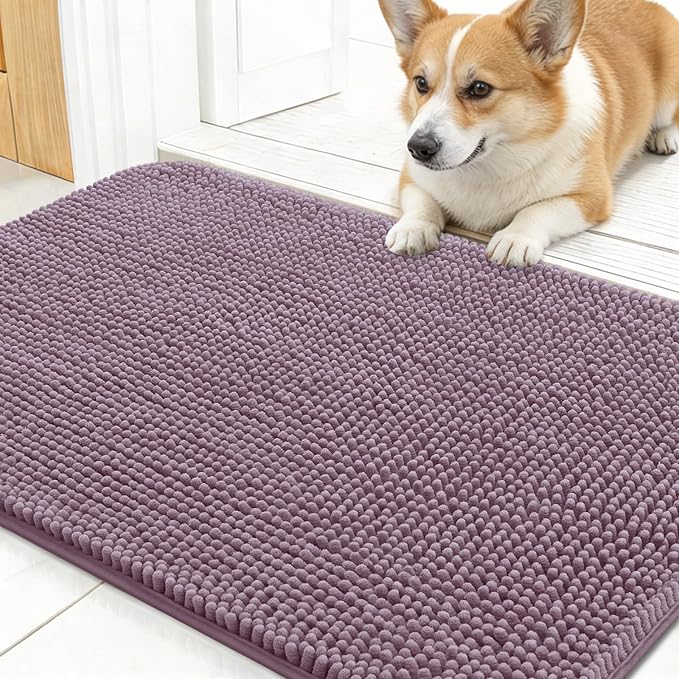 OLANLY Dog Door Mat for Muddy Paws 30x17, Absorbs Moisture and Dirt, Absorbent Non-Slip Washable Doormat, Quick Dry Chenille Mud Mat for Dogs, Entry Indoor Entryway Carpet for Inside Floor, Deep Plum