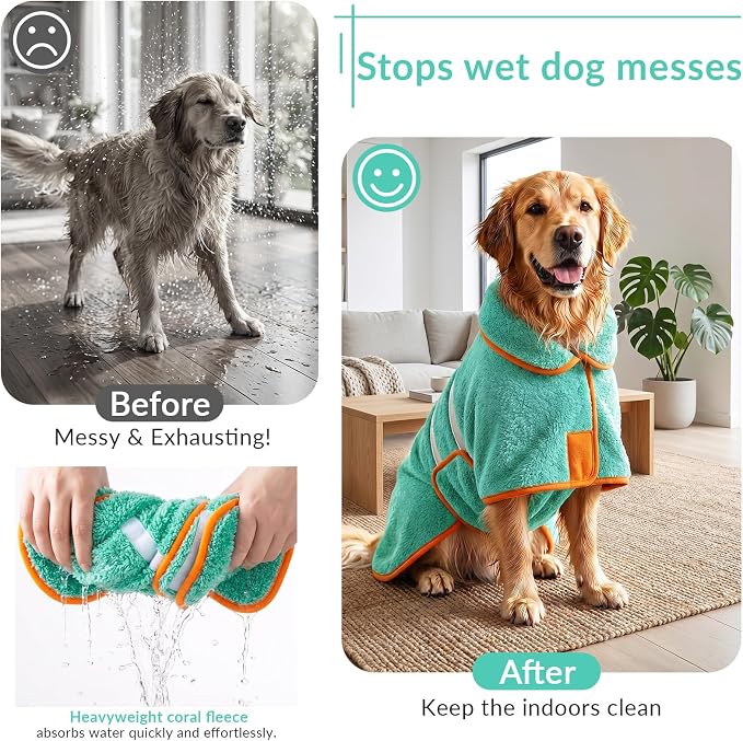 Bienbee Dog Bathrobe, Quick Drying Super Absorbent Pet Robes for Small Medium Large Dogs, Drying Coat for After Bath & Swim, Warm & Cozy Dogs Towels, Dog Puppy Bath Supplies,Lake Green XXL