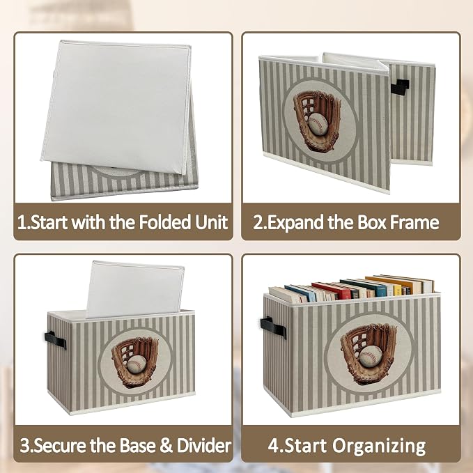Vintage Baseball Nursery Foldable Storage Bins Box with Handles, Baseball Room Decor for Boys, Sports Collapsible Organizer Basket for Kids Nursery Room Bedroom Playroom Clothes Toys Books