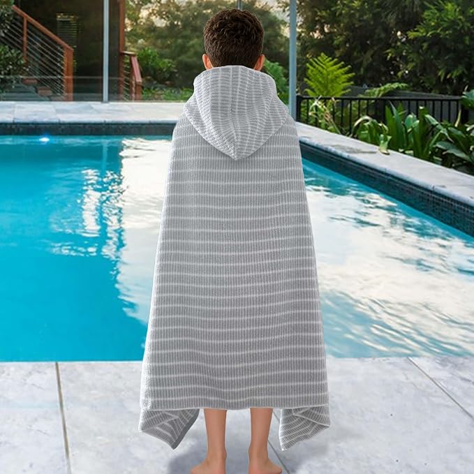 VOOVA & MOVAS Hooded Bath Towels for Teens/Big Kids (8Years Up) | Soft Absorbent 100% Cotton Thick Towel Wrap | Versatile Beach, Pool, Swim & Bath Cover-Up | GrayWhite