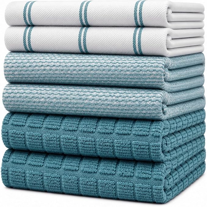 Premium Kitchen Towels (20”x 28”, 6 Pack) | Large Cotton Dish Towels | Flat & Terry Highly Absorbent Kitchen Linen Set with Hanging Loop | Teal Check