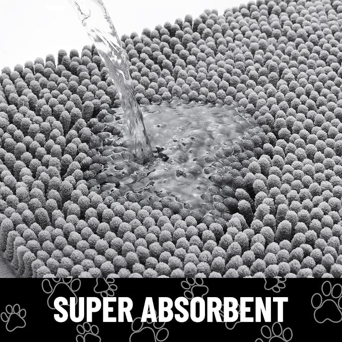 Smiry Dog Door Mat for Muddy Paws, Absorbent Dirt Trapper Non Slip Quick Dry Washable Chenille Mat for Mud Dogs, Entry Rug for Indoor and Outdoor (59x32 Inches, Grey and Black)