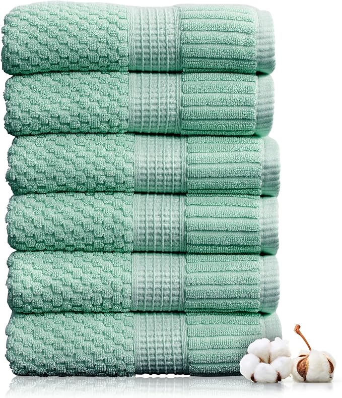 NY Loft 100% Cotton 6-Pack Hand Towel Set | Green | Oeko-TEX | Quick-Dry | Six 16" x 28" Hand Towels | Super Absorbent | Designer-Styled Texture