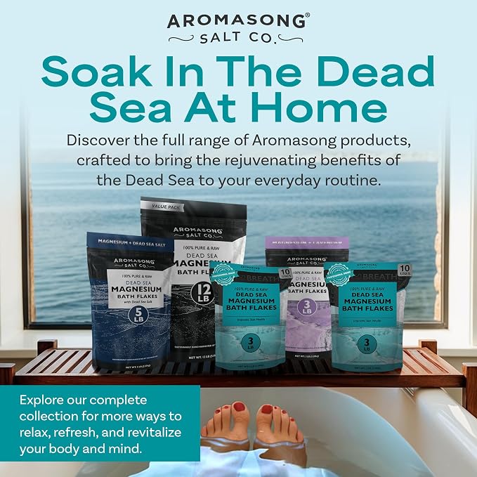 Aromasong Dead Sea Magnesium Flakes for Bath - More Than 16,325 Mg Magnesium Chloride per Bath - Superior Alternative to Epsom Salt - Used as Muscle & Foot Soak - 3 Lb Bag