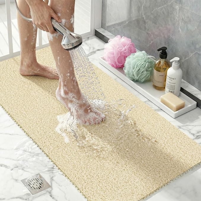 Non Slip Shower Mat 24"x16", Loofah Shower Mat for Inside Shower, Quick Drying Bath Mat for Tub & Bathroom Floor, Soft Textured & Elderly Safe, Machine Wash, Beige