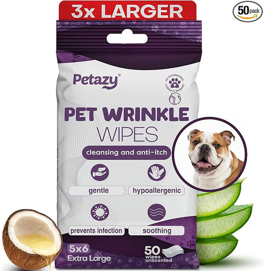 Petazy Bulldog Wrinkle Wipes for Dogs – 50 Count | XL 5x6 Dog Face Wipes for French Bulldog & Pug with Aloe & Coconut Oil | Helps Soothe & Deodorize Wrinkles, Skin Folds, Tail Pockets & Tear Stains
