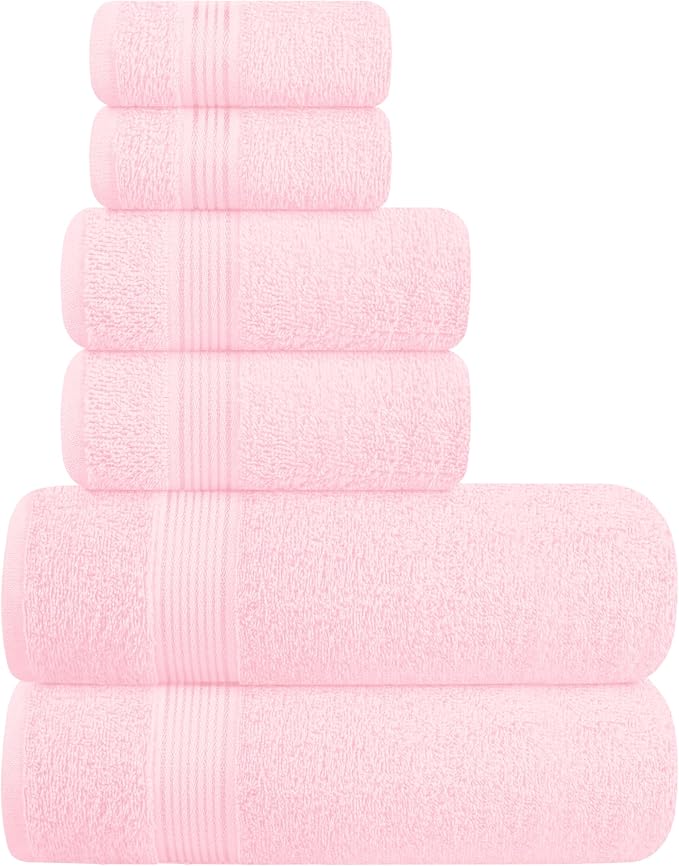 Belizzi Home Ultra Soft 6 Pack Cotton Towel Set, Contains 2 Bath Towels 28x55 inch, 2 Hand Towels 16x24 inch & 2 Wash Coths 12x12 inch, Ideal Everyday use, Compact & Lightweight - Pink