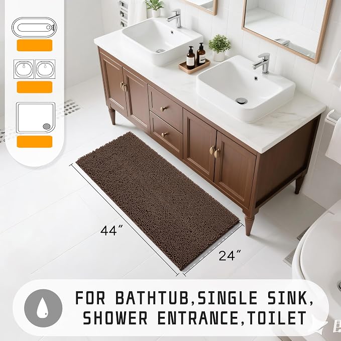 Yimobra Long Bathroom Rugs 44"x24", Extra Soft Non Slip Bath Mat for Tub, Super Absorbent Quick Dry Shaggy Rug Floor Carpet, Machine Washable,Brown