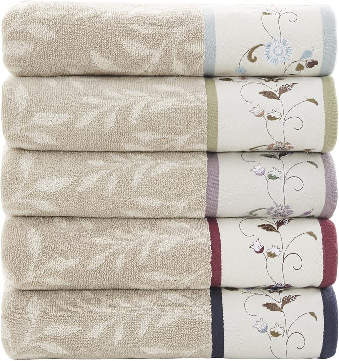 Madison Park Serene 100% Cotton Bath Towel Set Luxurious Floral Decorative Towels for Bathroom Embroidered Cotton Jacquard Design Soft Highly Absorbent for Shower 600 GSM, Multi-Sizes, Purple 6 Piece