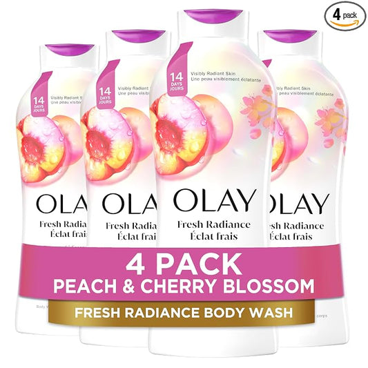 Olay Body Wash for Women, Fresh Radiance, Refreshing & Renewing, Made with Plant Based Cleansers, B3 Botanical Complex, For All Skin Types, Peach & Cherry Blossom Scent, 22 fl oz (Pack of 4)