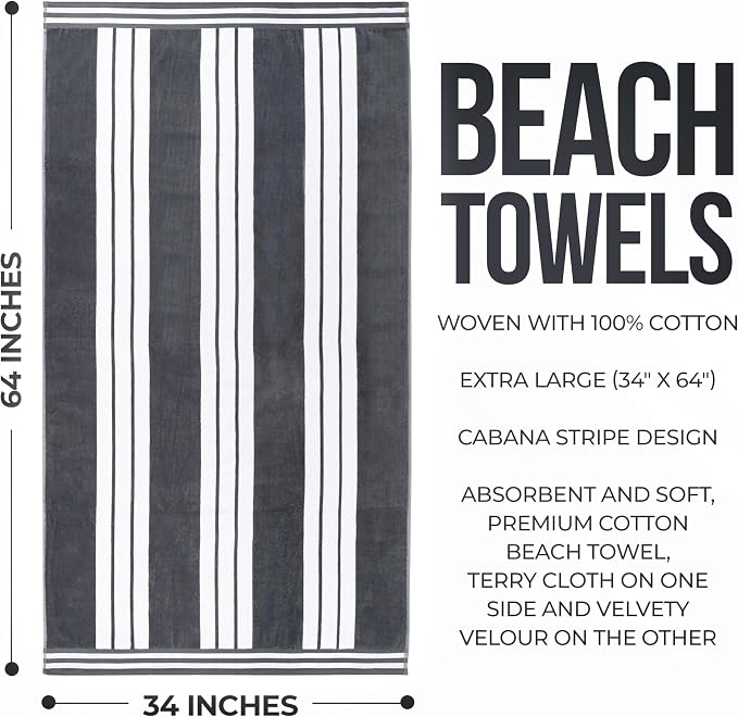 Superior Oversized Cotton Beach Towel Set of 6, Absorbent Towels For Bathroom, Beach, Pool, Swim, Adults, Kids, Vacation, Travel, Bath Sheet, Quick Dry Basics, Trip Essentials, Striped Decor, Charcoal
