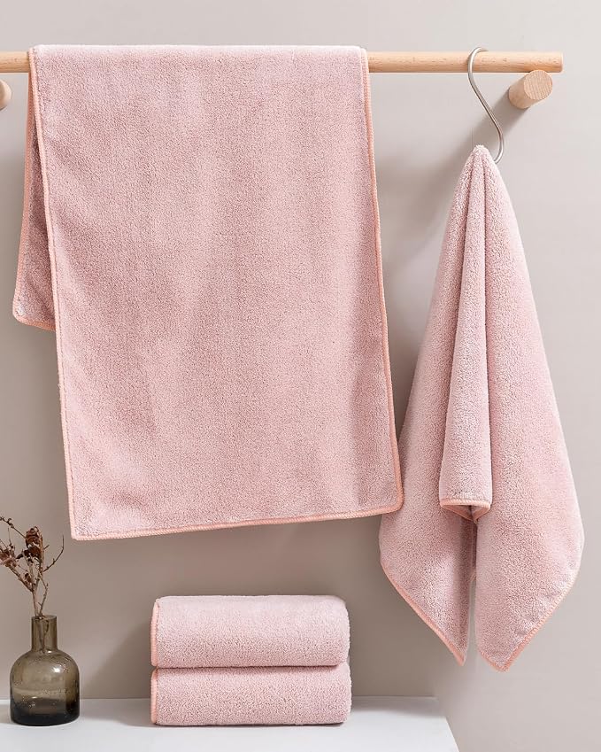 sakano Microfiber Bath Towel Set Ultra Soft Absorbent Speedy Drying Fade Resistant, 4 Bath Towels and 4 Hand Towels, Perfect for Family Bathroom, Gym, and Spa Use - Pink