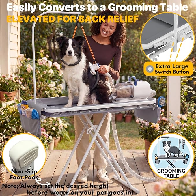 PAWZIDEA 2-in-1 Portable Dog Bathtub & Grooming Table for Medium to Large Dogs up 150lb, 43" Foldable Dog Washing Station, 5-Height Adjustable Elevated Pet Shower Bath, 1.8" Fast Drain, Indoor Outdoor