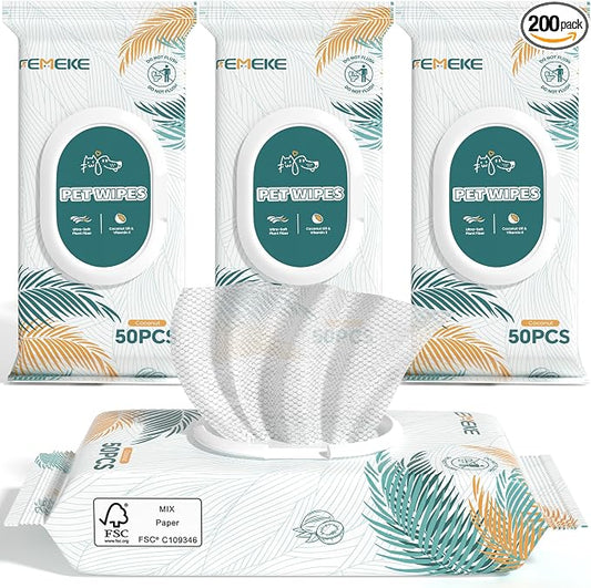 200 Count Dog Wipes & Cat Wipes (4x50 Packs) | Hypoallergenic, pH Balanced for Paws, Body, Face & Grooming |All-Natural Plant Fiber Wipes with Aloe, Coconut Oil & Vitamin E |Pearl Texture