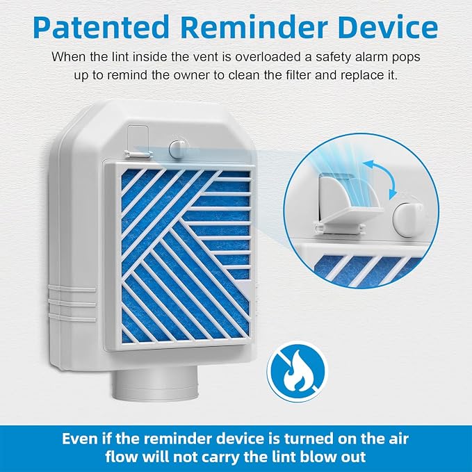 Indoor Dryer Vent Kit, Indoor Dryer Vent Box with Polyester Dryer Filter x4, Upgraded Patented Safety Reminder to Eiminate Lint, Indoor Dryer Vent Kit for Electric Dryer Save Energy