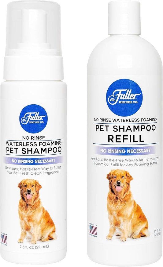 Fuller Brush Waterless Foaming Pet Shampoo + 7.5 oz Shampoo with 16 oz Refill Bottle, Dry Shampoo for Dogs Cleans, Conditions & Moisturizes – Fresh Clean Fragrance