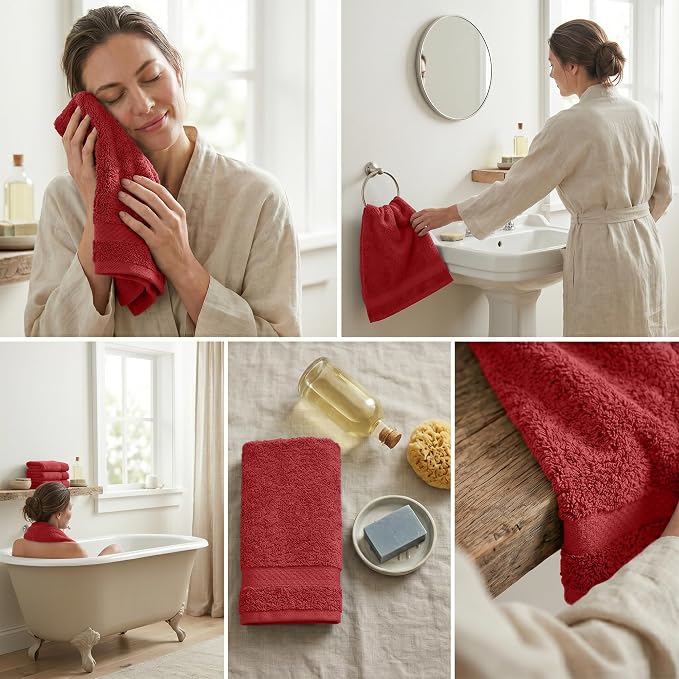 RIVERSIDE 6-Pack Premium Hand Towels Set, 16x28 inches, 100% Ring Spun Cotton, Super Soft, Quicker to Dry and Highly Absorbent, Towels for Bathroom, Kitchen, Gym, Spa, Classic Red